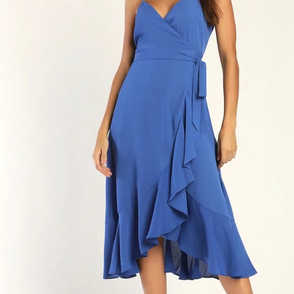 Lulu’s Manhattan Moment Blue Ruffled Midi Wrap Dress - Picture 2 of 7